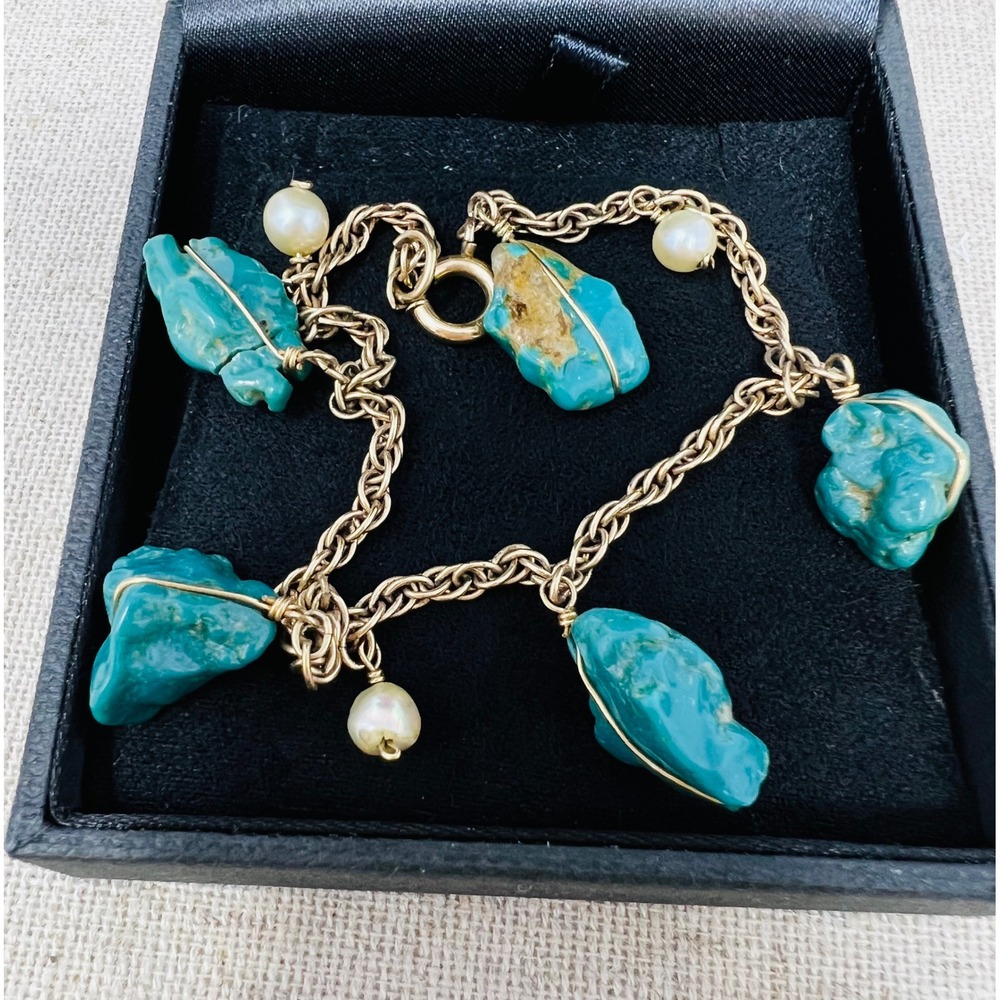 Vintage 12k Gold Filled Turquoise Nugget and Pearl Charm Bracelet Boho